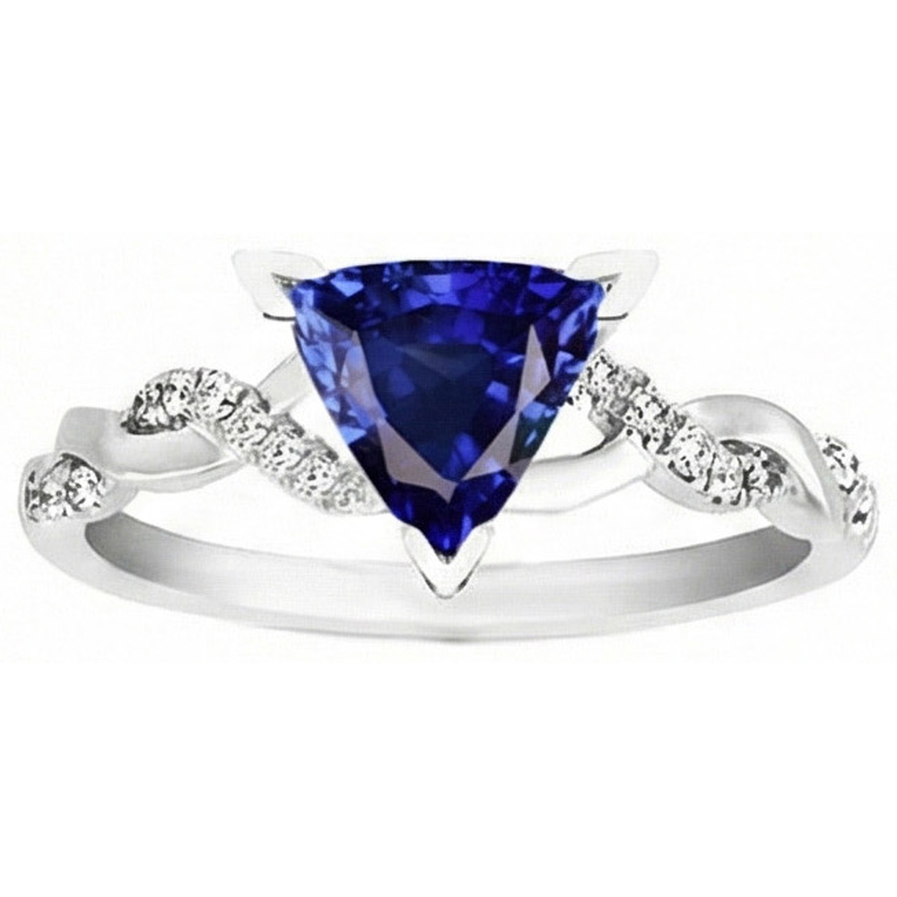 Natural Earth Mined Diamond Trillion V Prong Blue Sapphire Ring 2 Carats Twisted Style