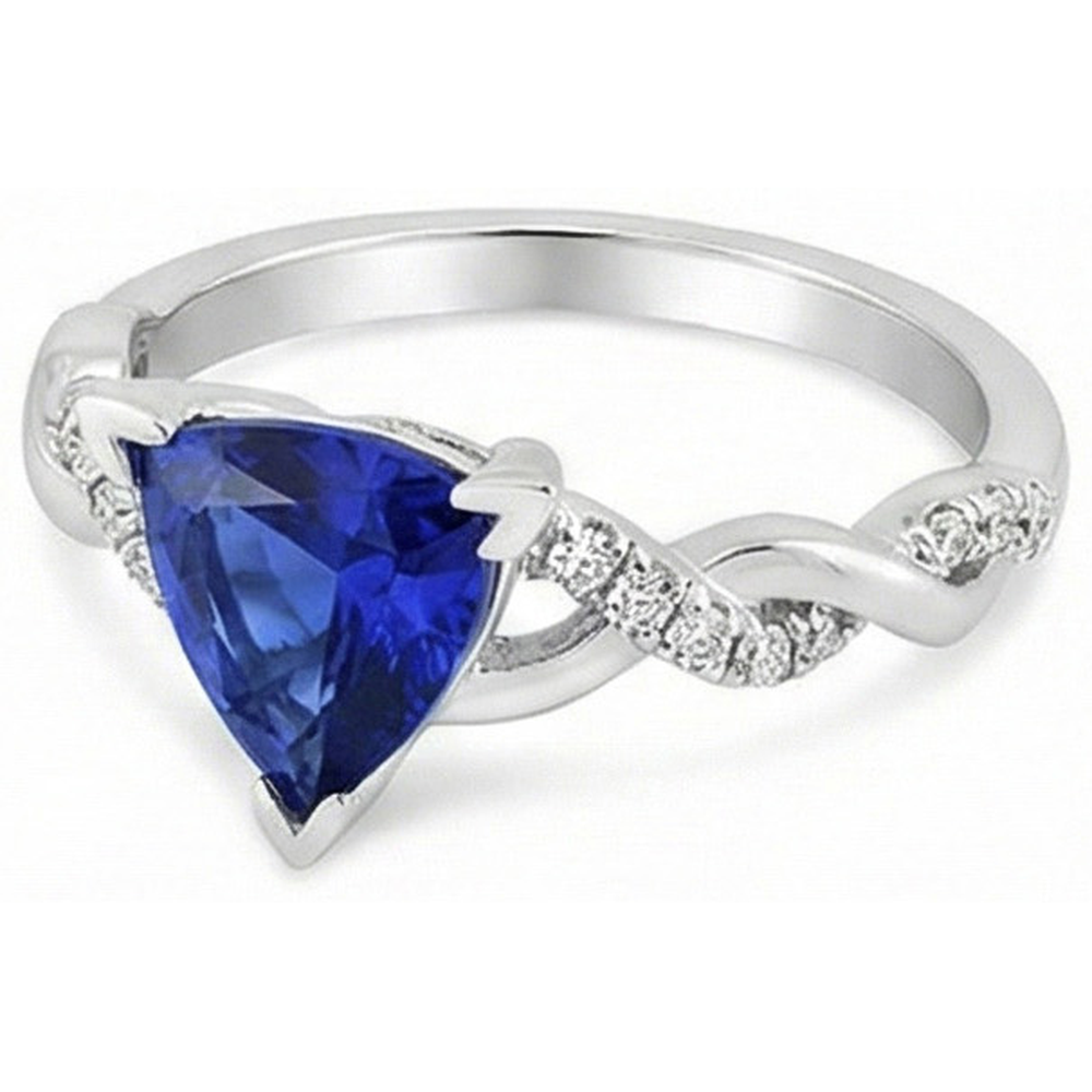Natural Earth Mined Diamond Trillion V Prong Blue Sapphire Ring 2 Carats Twisted Style
