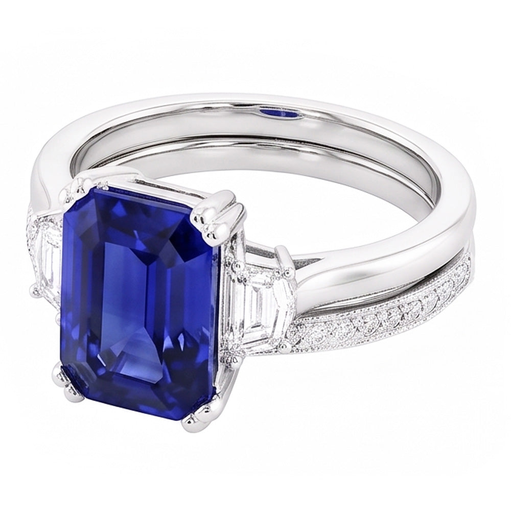 Natural Earth Mined Diamond Wedding Ring Set Emerald Sapphire Prong 3 Stone 4 Carats