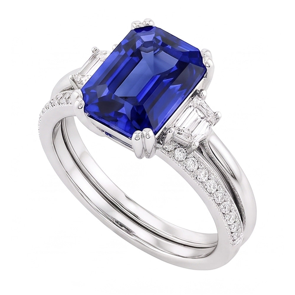Natural Earth Mined Diamond Wedding Ring Set Emerald Sapphire Prong 3 Stone 4 Carats