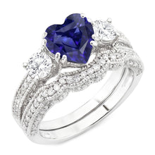 Natural Earth Mined Diamond Wedding Ring Set Heart Blue Sapphire Antique Style 3.50 Carats