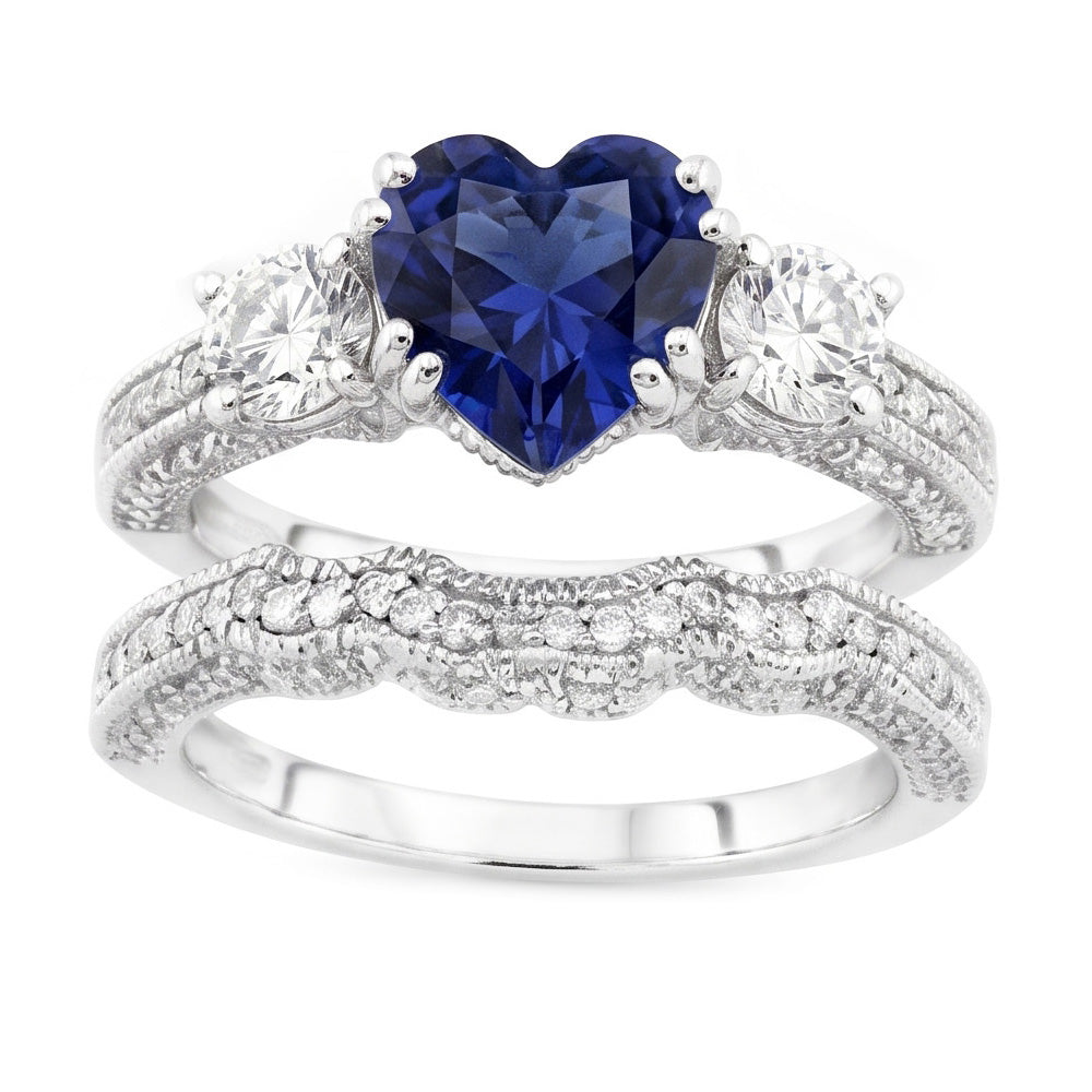 Natural Earth Mined Diamond Wedding Ring Set Heart Blue Sapphire Antique Style 3.50 Carats