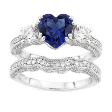Natural Earth Mined Diamond Wedding Ring Set Heart Blue Sapphire Antique Style 3.50 Carats