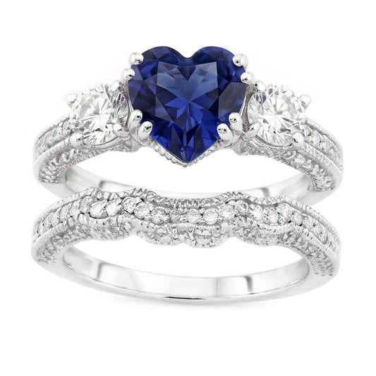 Natural Earth Mined Diamond Wedding Ring Set Heart Blue Sapphire Antique Style 3.50 Carats