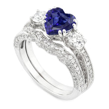 Natural Earth Mined Diamond Wedding Ring Set Heart Blue Sapphire Antique Style 3.50 Carats