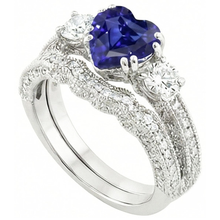 Natural Earth Mined Diamond Wedding Ring Set Heart Blue Sapphire Antique Style 3.50 Carats