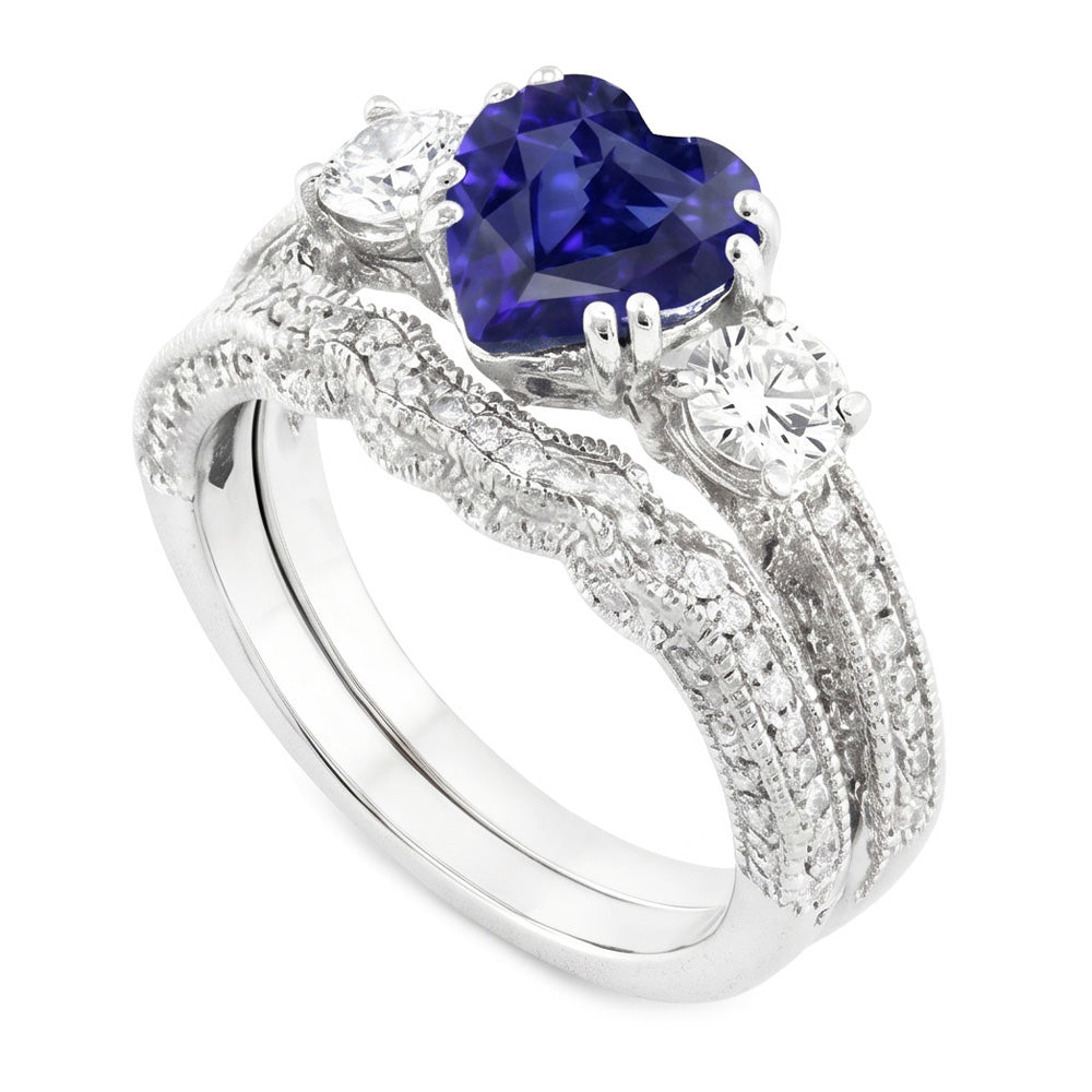Natural Earth Mined Diamond Wedding Ring Set Heart Blue Sapphire Antique Style 3.50 Carats