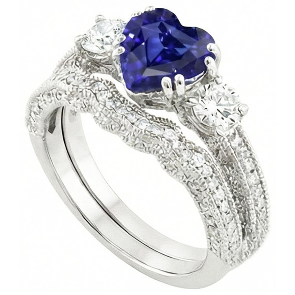 Natural Earth Mined Diamond Wedding Ring Set Heart Blue Sapphire Antique Style 3.50 Carats