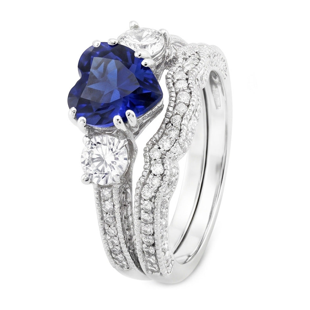Natural Earth Mined Diamond Wedding Ring Set Heart Blue Sapphire Antique Style 3.50 Carats