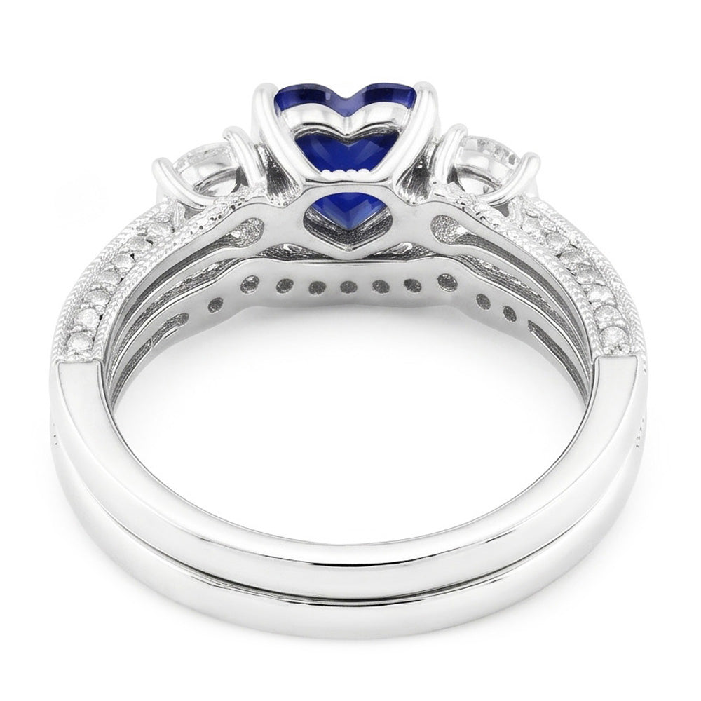 Natural Earth Mined Diamond Wedding Ring Set Heart Blue Sapphire Antique Style 3.50 Carats