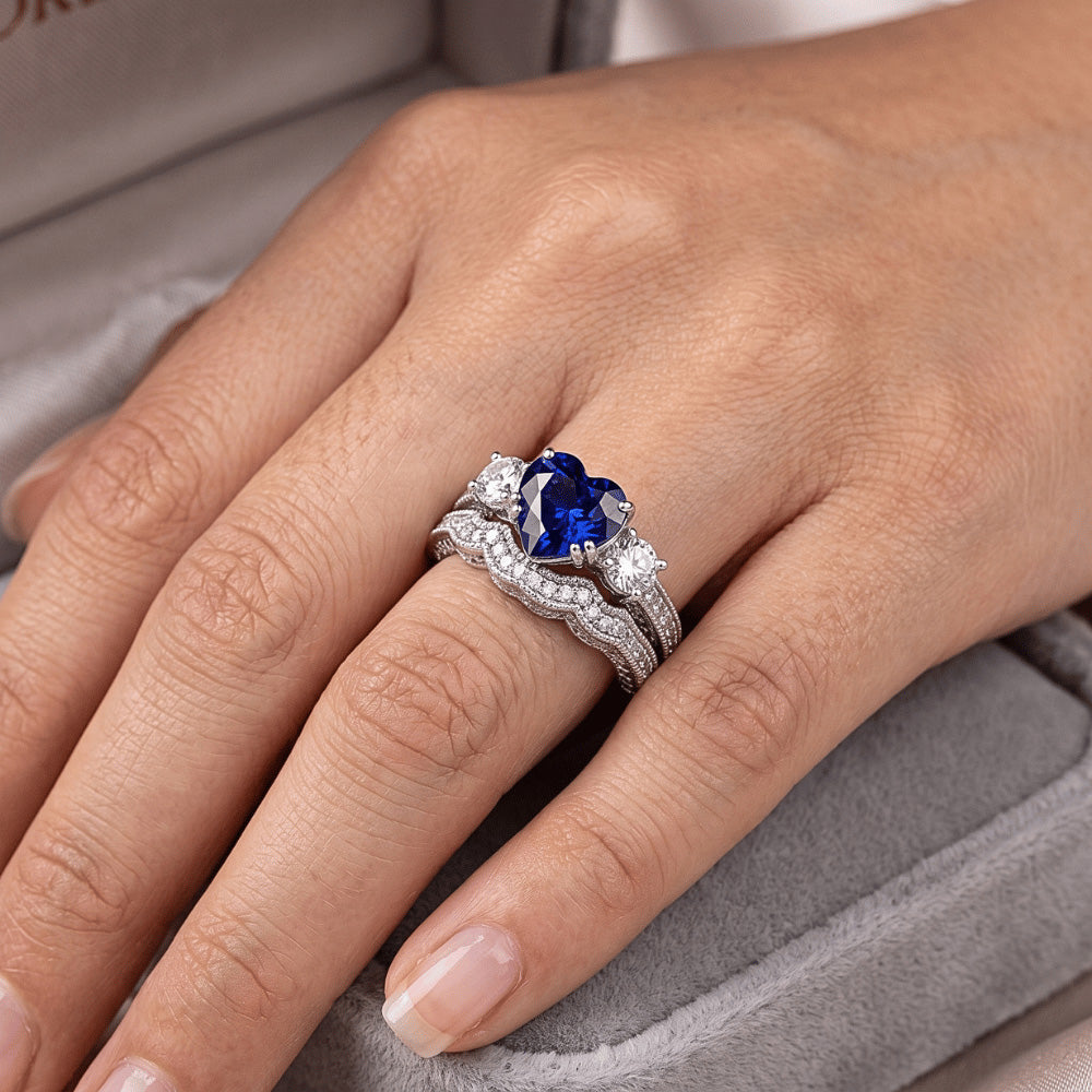 Natural Earth Mined Diamond Wedding Ring Set Heart Blue Sapphire Antique Style 3.50 Carats