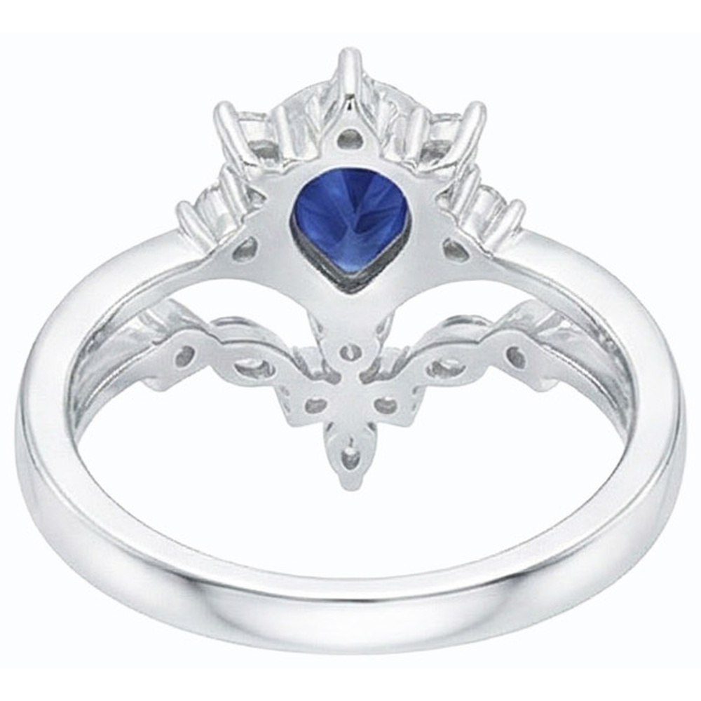 Natural Earth Mined Diamond Wedding Ring Set Pear Ceylon Sapphire 3 Carats Crown Style