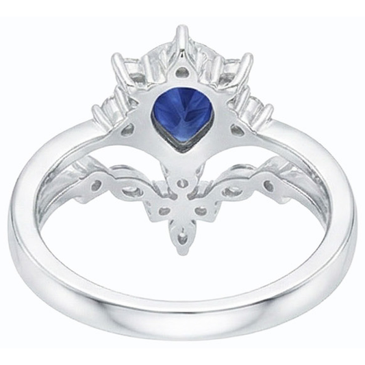 Natural Earth Mined Diamond Wedding Ring Set Pear Ceylon Sapphire 3 Carats Crown Style