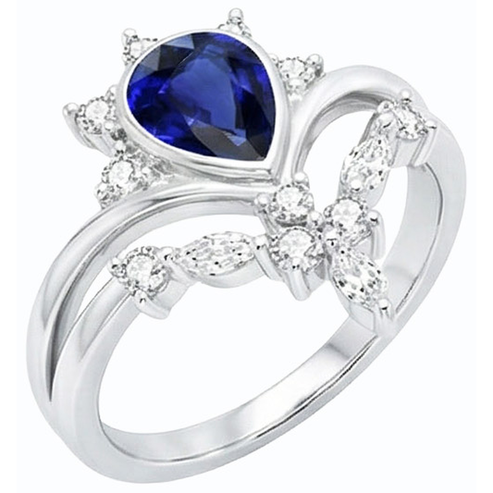 Natural Earth Mined Diamond Wedding Ring Set Pear Ceylon Sapphire 3 Carats Crown Style