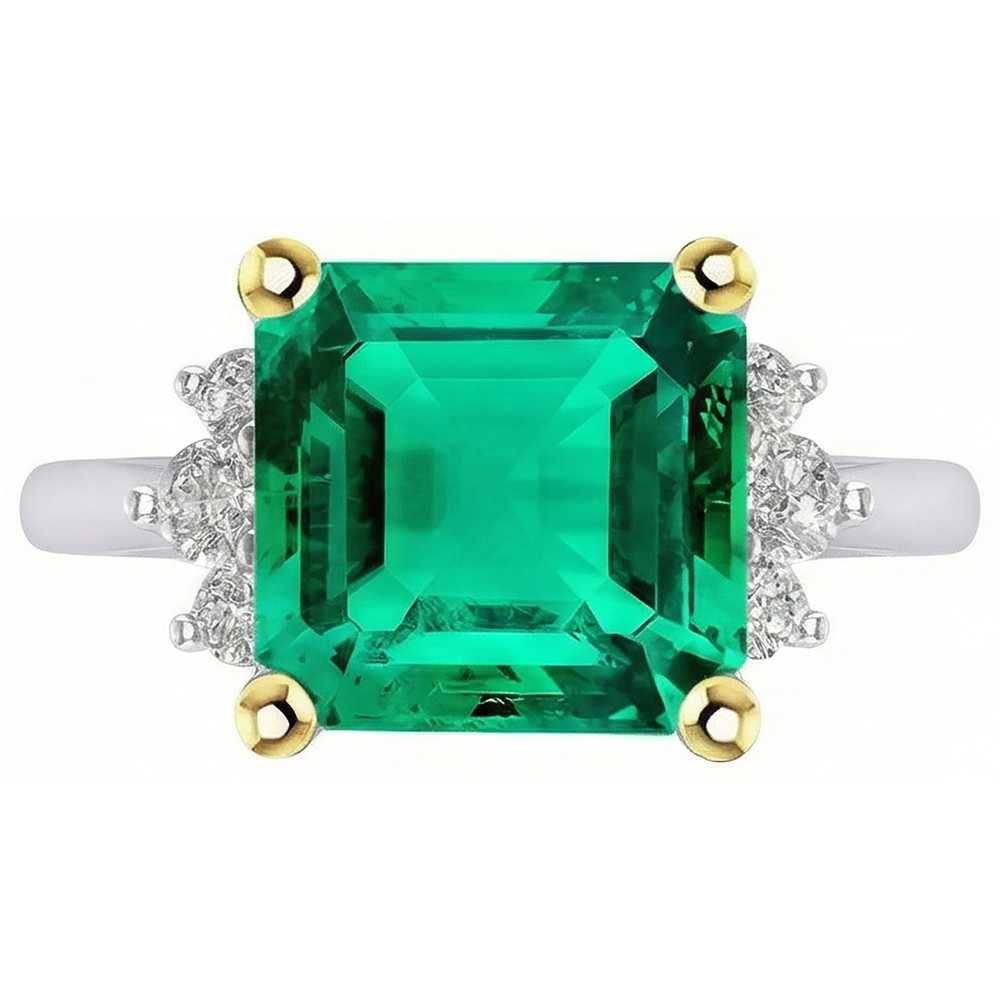 Fine Emerald Asscher Colored Stone Ring in 14 Karat Two Tone Gold – angle view