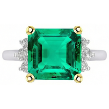Fine Emerald Asscher Colored Stone Ring in 14 Karat Two Tone Gold – angle view
