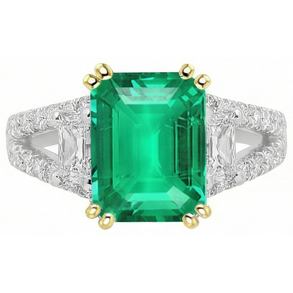 Emerald Step Cut Gemstone Ring in 14K Two Tone Gold – front view
