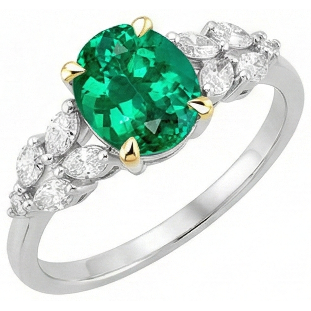 Earth-Mined Colombian Emerald Precious Stone Ring 2 ct 14 Karat Two Tone Gold – close-up