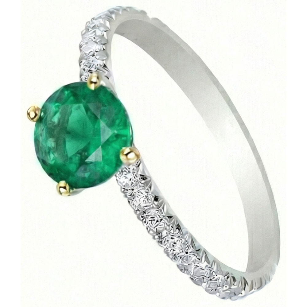 Fine Emerald Round Brilliant Colored Stone Ring in Two-Tone 14K Gold – top view