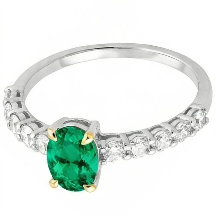 Colombian Emerald Oval Precious Stone Ring in 14K Two Tone Gold – angle view