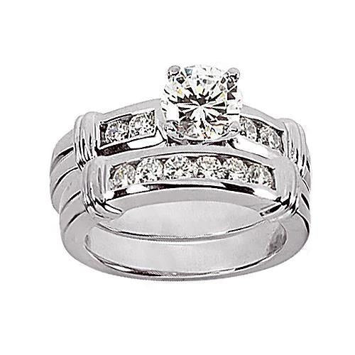 Natural Round Diamond Engagement Ring & Band Set 2.10 Carats White Gold 14K