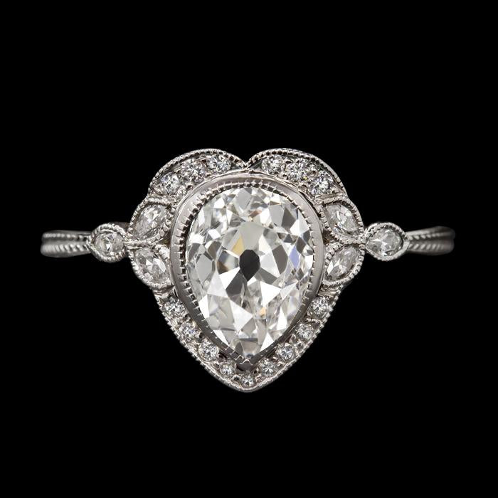 Natural Round & Pear Old Miner Diamond Lady's Ring Bezel Heart Style 4 Carats