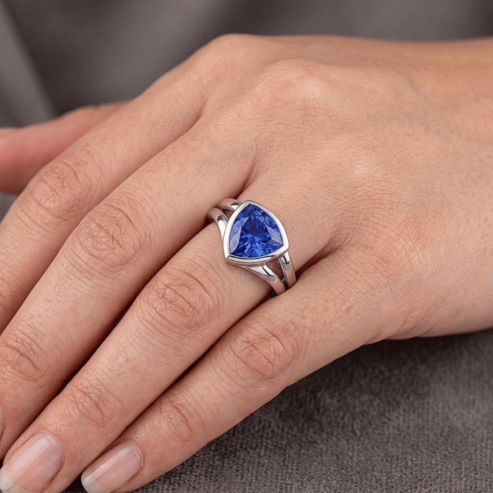 Natural Solitaire Wedding Ring Set Trillion Sapphire 1.50 Carats Bezel Set
