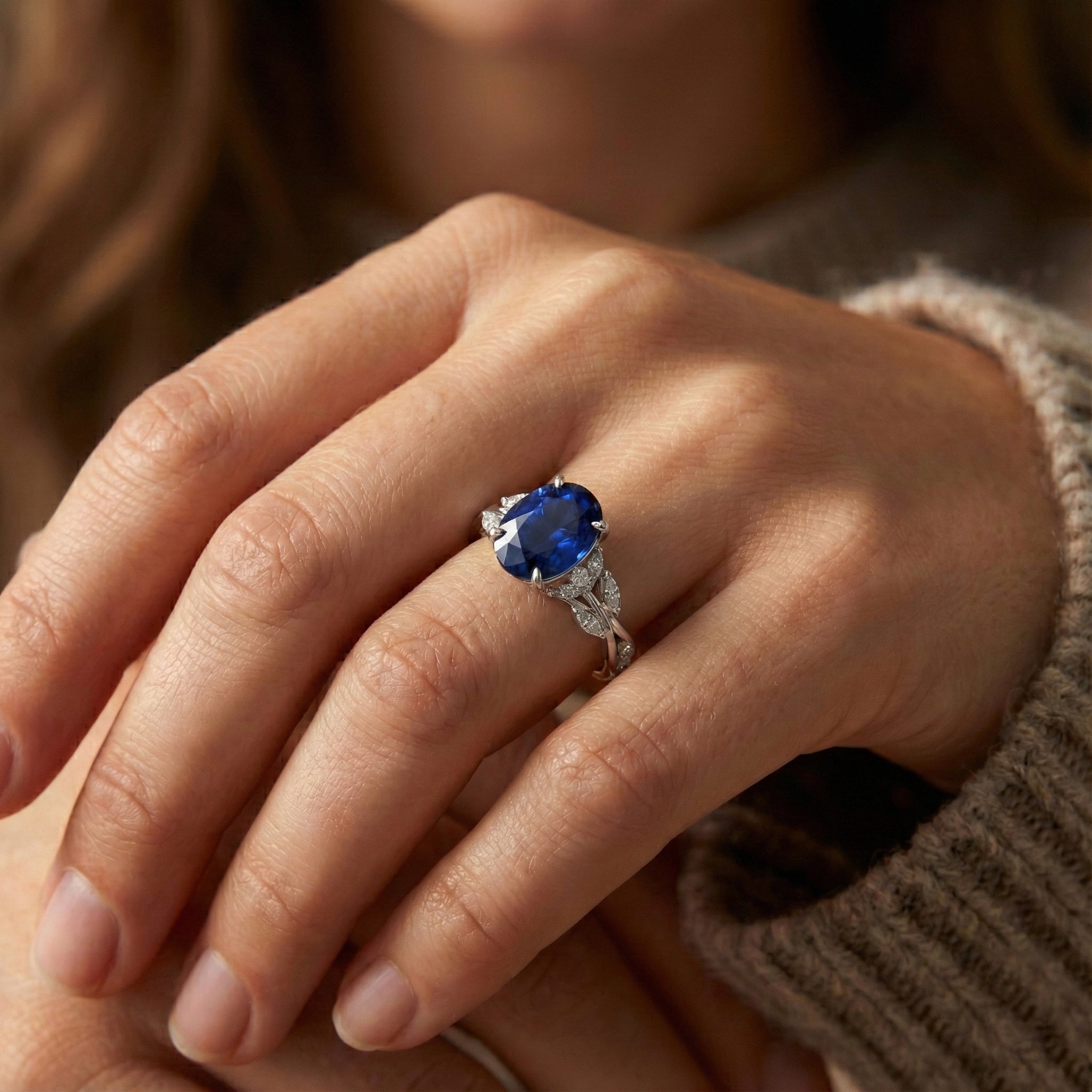 Natural Earth Mined DIAMOND ( NOT LAB GROWN ) Gemstone Ring Leaf Style Oval Cut Blue Sapphire 5 Carats