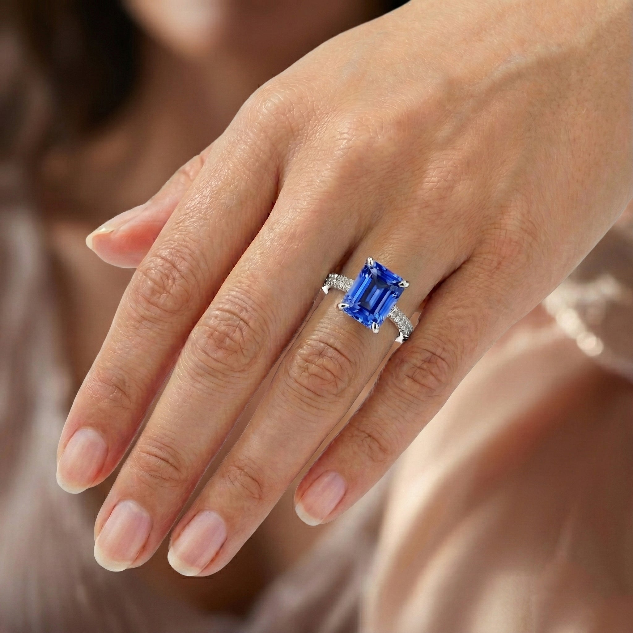 Natural Earth Mined Diamond Engagement Ring 5 Carats Radiant Sapphire Gemstone Jewellery