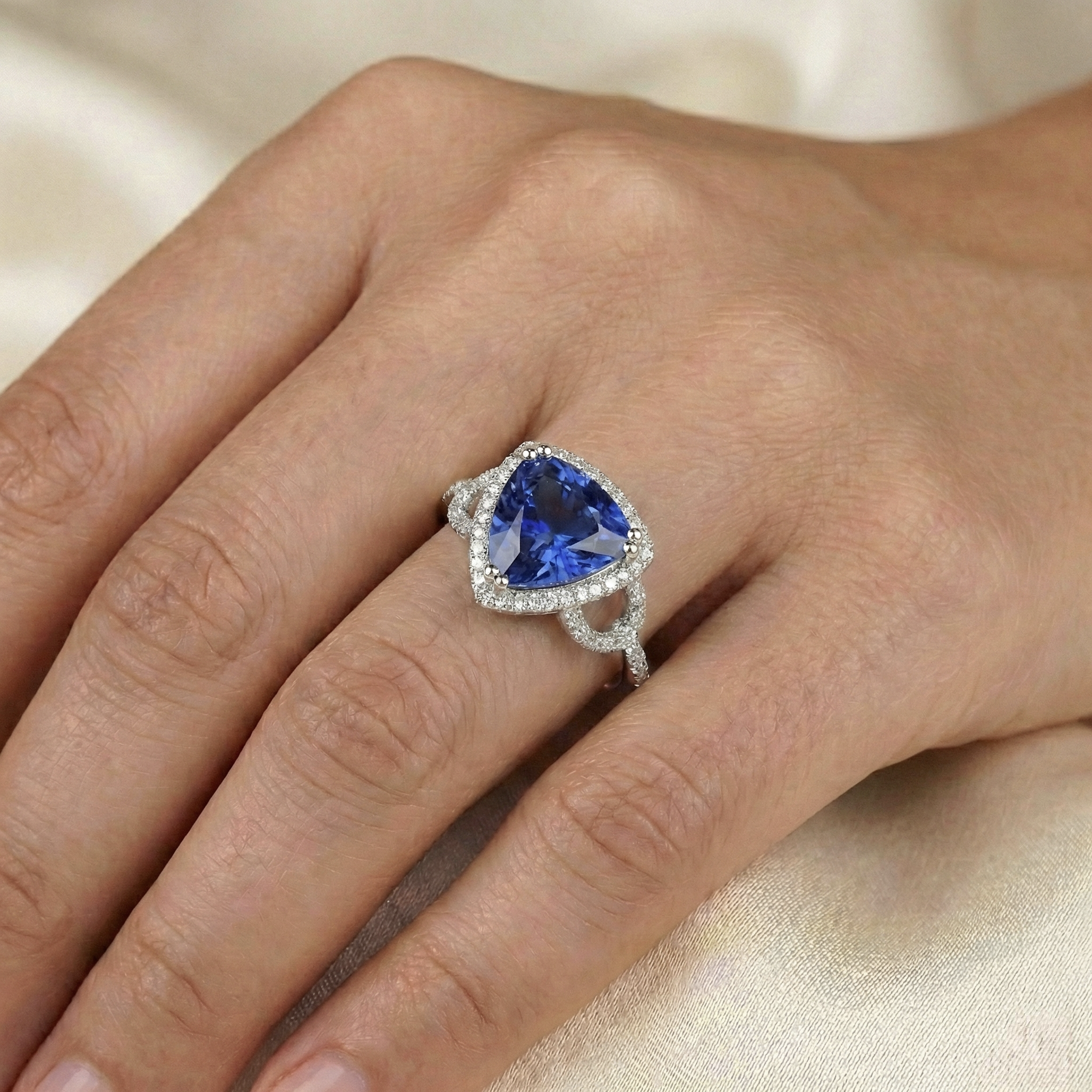 Natural Earth Mined Diamond Halo Trillion Srilanka Sapphire Ring 3 Carats Accented Jewellery