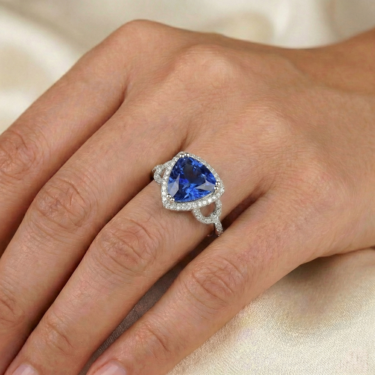 Natural Earth Mined Diamond Halo Trillion Srilanka Sapphire Ring 3 Carats Accented Jewellery