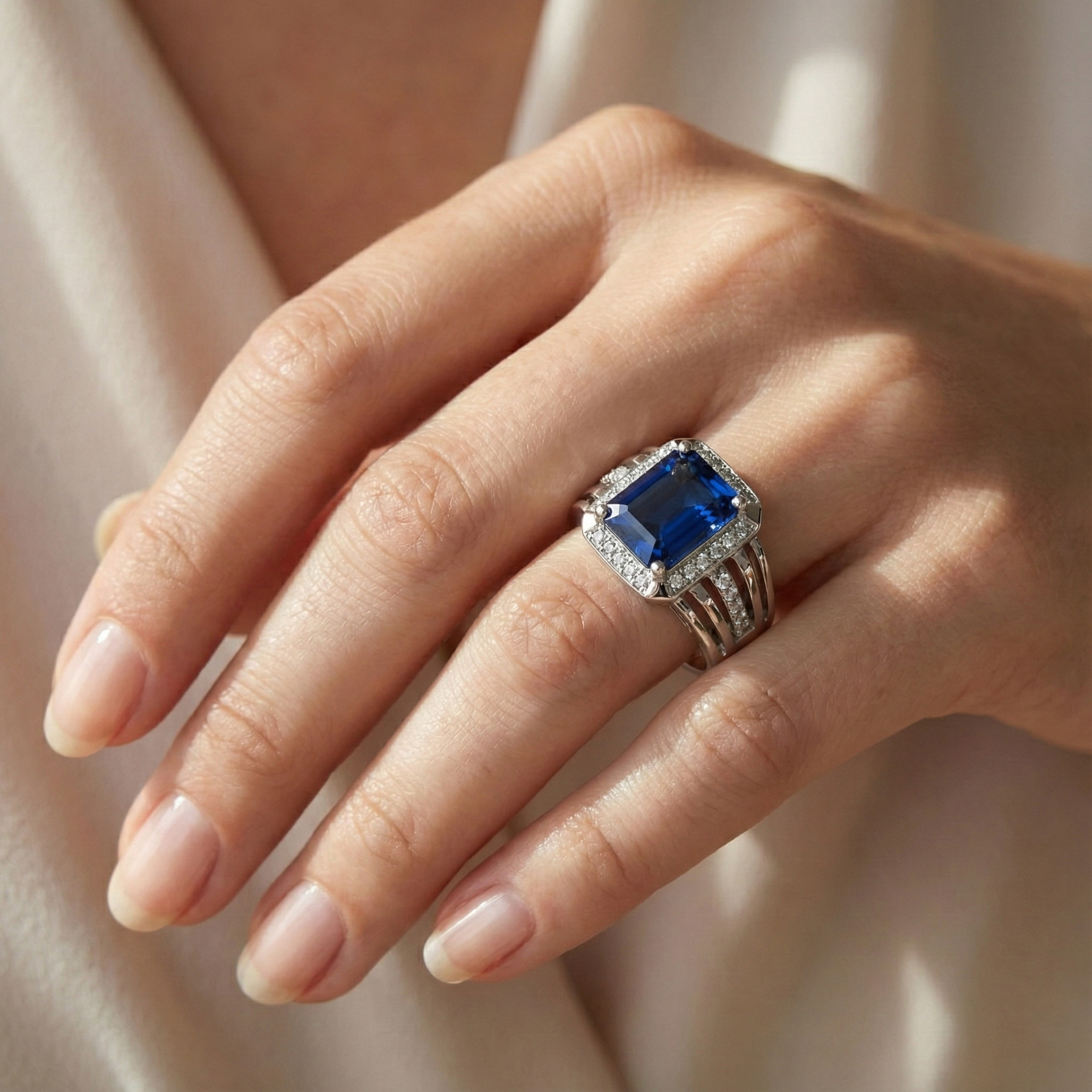 Natural Earth Mined Diamond Men's Ring Emerald Cut Blue Sapphire With Accents 3.50 Carats