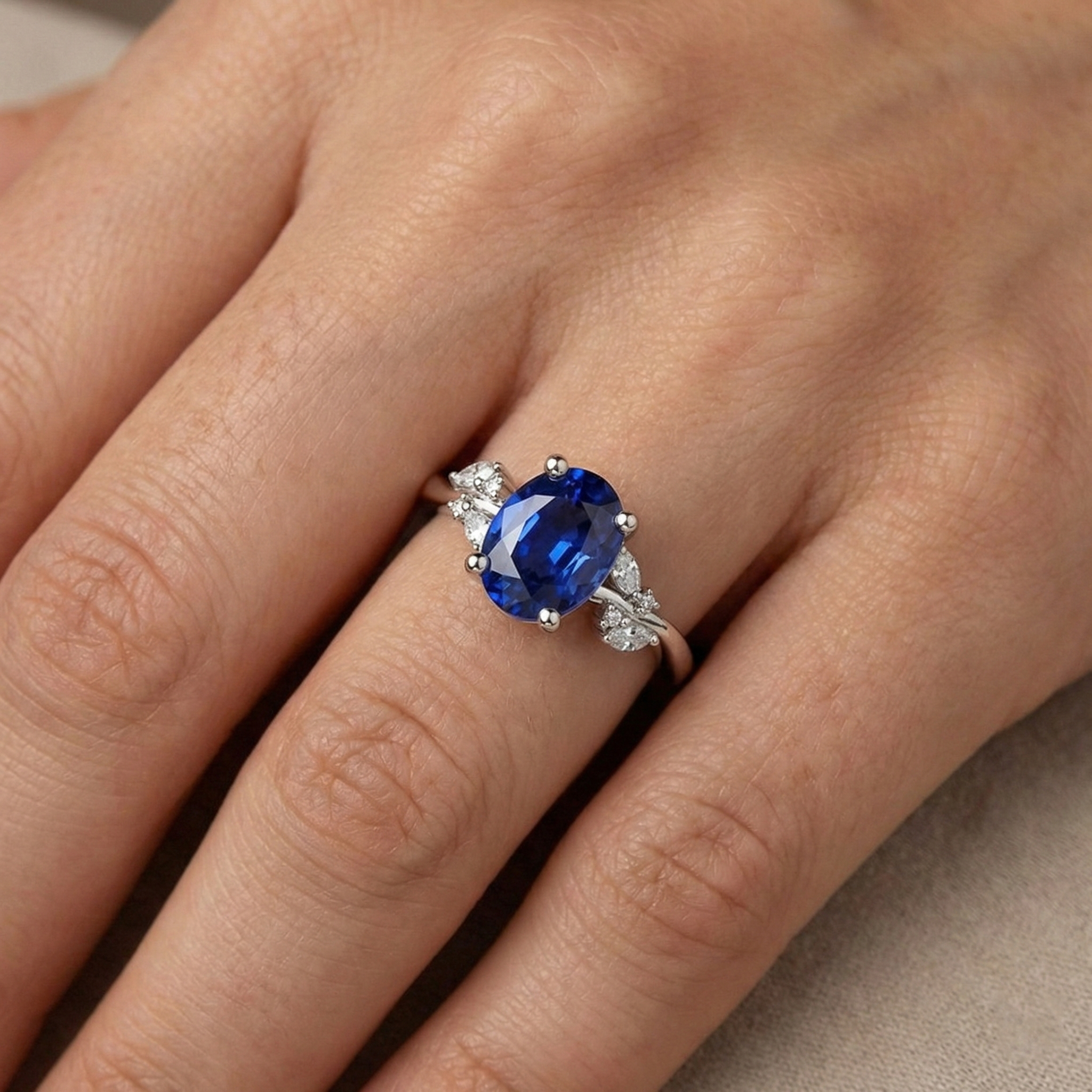 Natural Earth Mined Diamond Ring Oval Blue Sapphire With Marquise & Round Stones 4 Carats