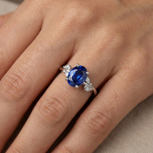 Natural Earth Mined Diamond Ring Oval Blue Sapphire With Marquise & Round Stones 4 Carats