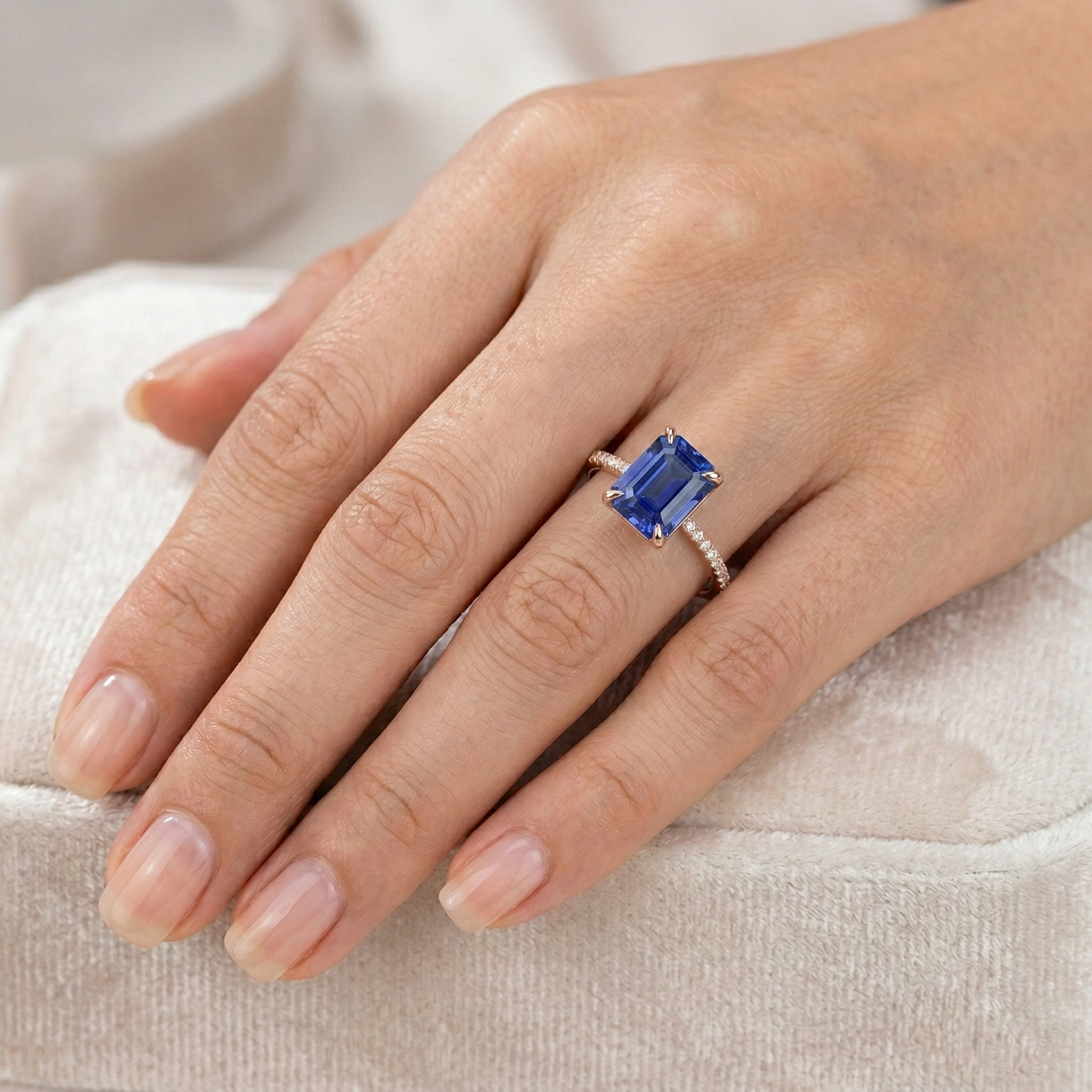 Natural Earth Mined Diamond Solitaire Ring Accents Emerald Cut Ceylon Sapphire 4.50 Carats