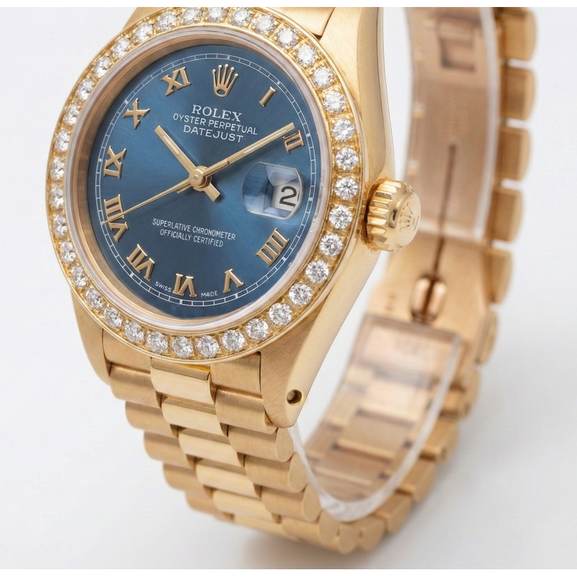 Natural Earth Mined Diamond Bezel Blue Roman Dial Rolex Yg President Style Watch Dj