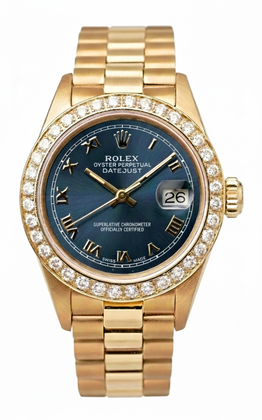 Natural Earth Mined Diamond Bezel Blue Roman Dial Rolex Yg President Style Watch Dj