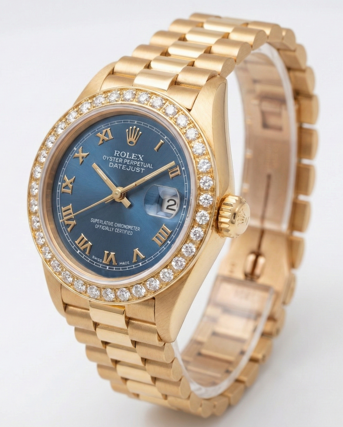 Natural Earth Mined Diamond Bezel Blue Roman Dial Rolex Yg President Style Watch Dj