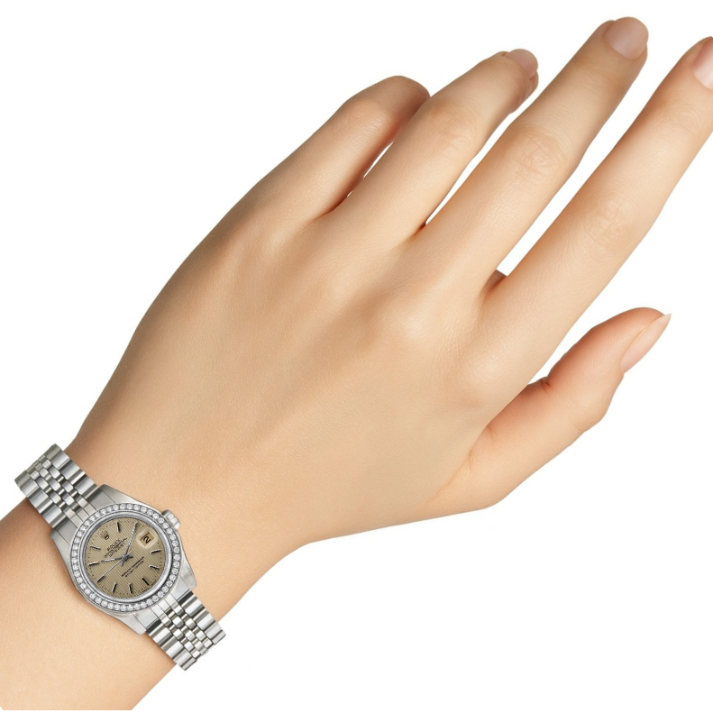 Natural Earth Mined Diamond Bezel Ss Champange Stick Dial Rolex Ladies Datejust Watch P2