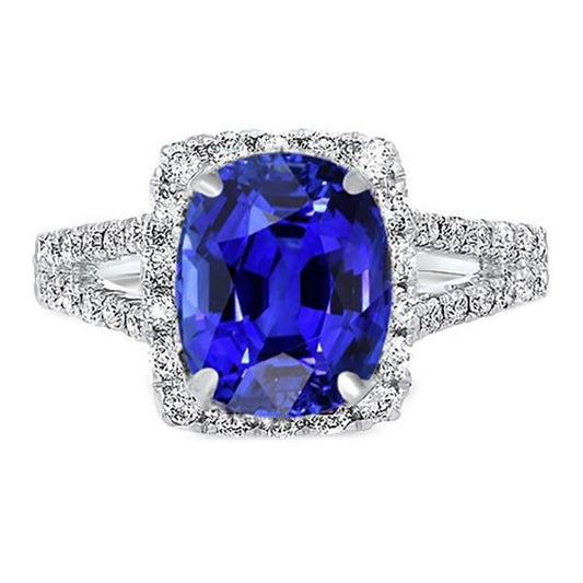 Natural Earth Mined Diamond Halo Oval Blue Sapphire Ring Split Shank 5.50 Carats Jewellery