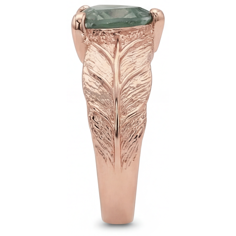 Trilliant Cut Moss Agate ring in 14K Rose Gold – angle view