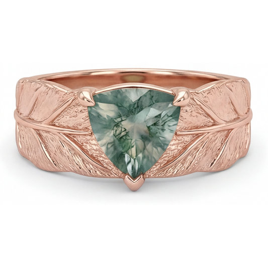 Moss Agate Trilliant Cut Colored Stone Ring in 14K Rose Gold – main view