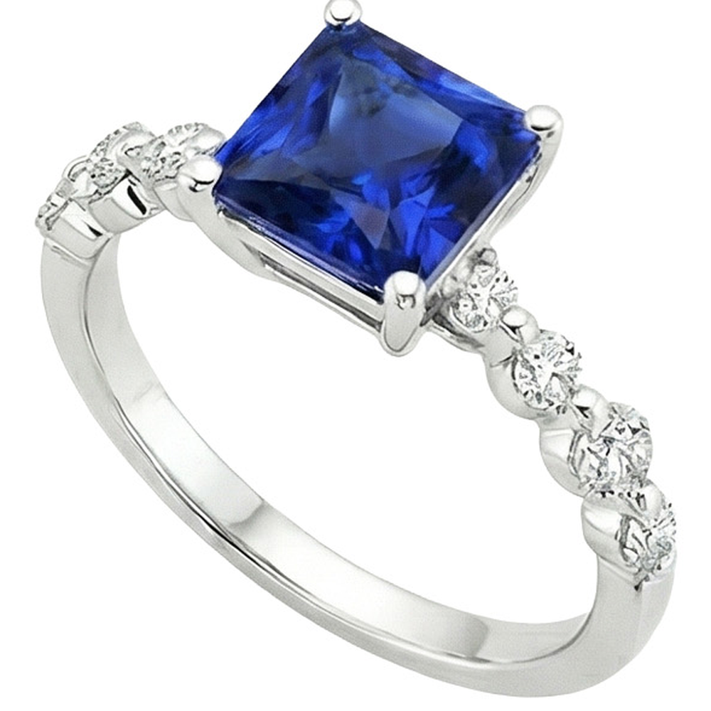 New Gold Princess Cut Natural Blue Sapphire With Accents Ring 4 Carats
