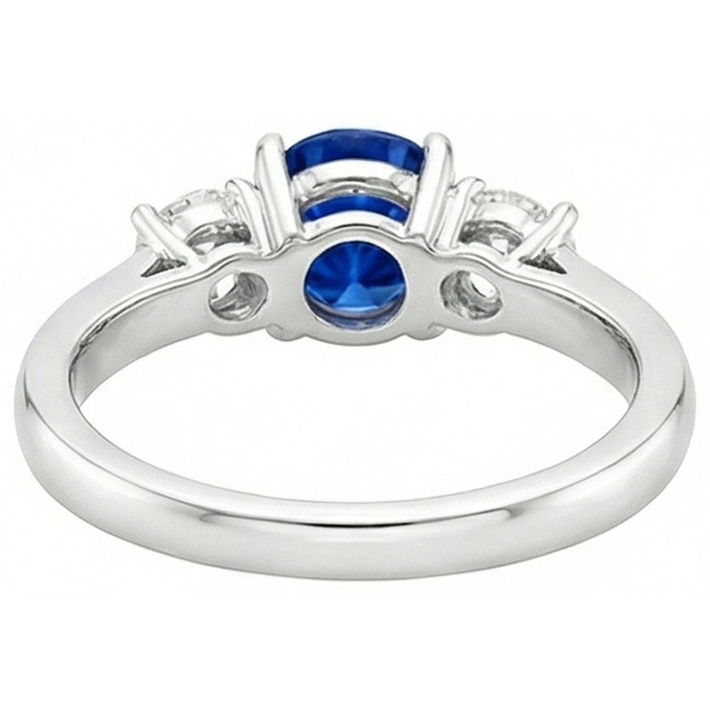 New Three Stone Gold Ring Round Ceylon Sapphire And Natural Earth Mined Diamonds 3 Carats