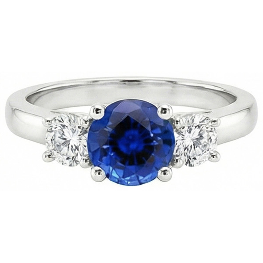 New Three Stone Gold Ring Round Ceylon Sapphire And Natural Earth Mined Diamonds 3 Carats