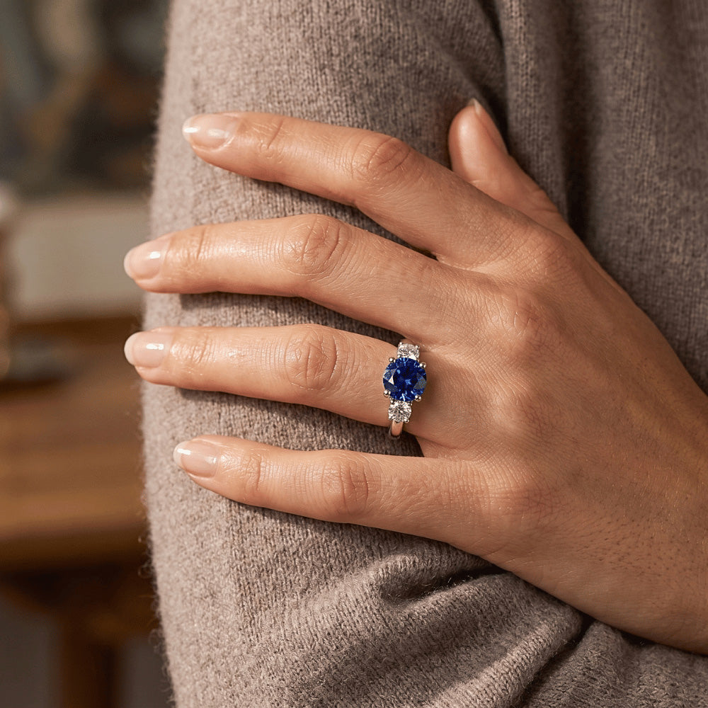 New Three Stone Gold Ring Round Ceylon Sapphire And Natural Earth Mined Diamonds 3 Carats
