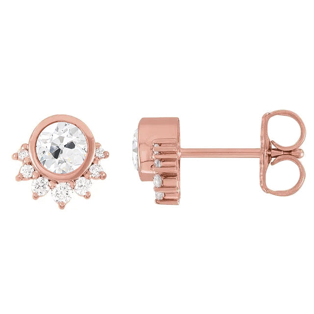 Old Cut Diamond Studs Real 5.50 Carats Star Style Gold Push Backs Bezel Set