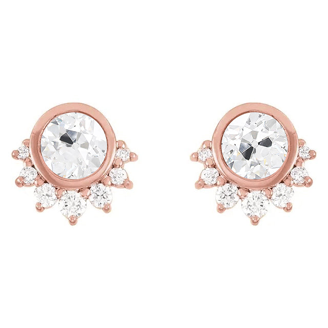 Old Cut Diamond Studs Real 5.50 Carats Star Style Gold Push Backs Bezel Set