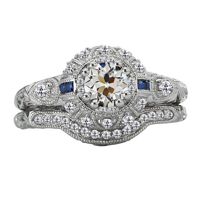 Old Cut Real Natural Earth Mined Diamond & Sapphires Engagement Ring Set Vintage Style 4 Carats
