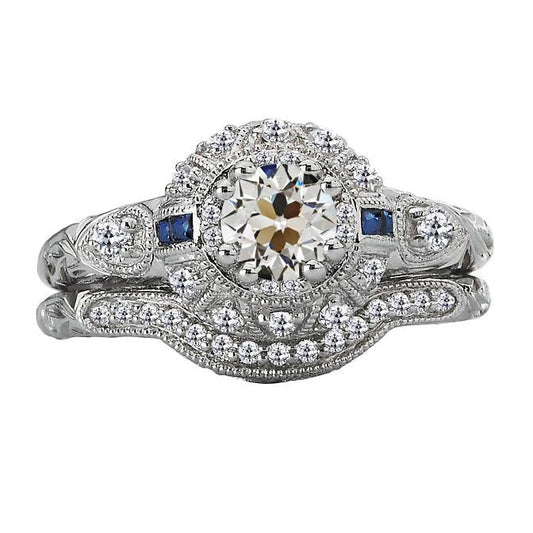 Old Cut Real Diamond & Sapphires Engagement Ring Set Vintage Style 4 Carats